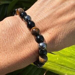 Triple Protection Bracelet Tiger's Eye Black Obsidian Hematite 8mm Bead Stretch